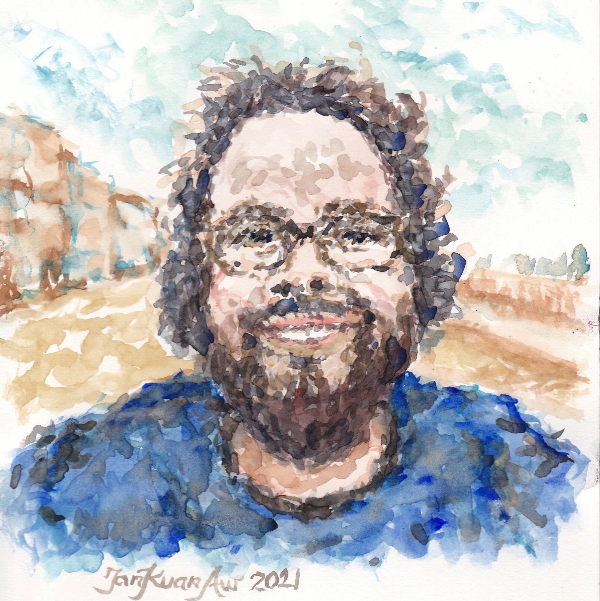 A watercolour portrait of Peter, a white man with glasses, dark curly hair and a beard, with a dark blue sweater.