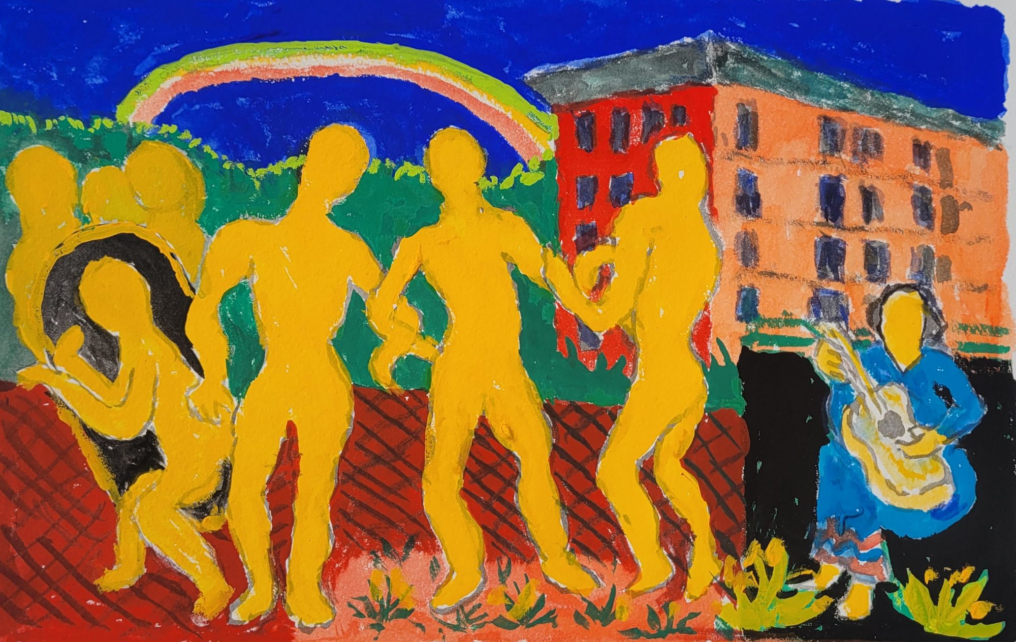 An abstract illustration of figures entangled, dancing. Outlines of yellow figures stand in centre, arms locked together. There is a group huddled on the left and on the right a figure in a blue dress holding a guitar. Behind them is greenery, a large block of flats, and a rainbow. Flowers are at their feet.