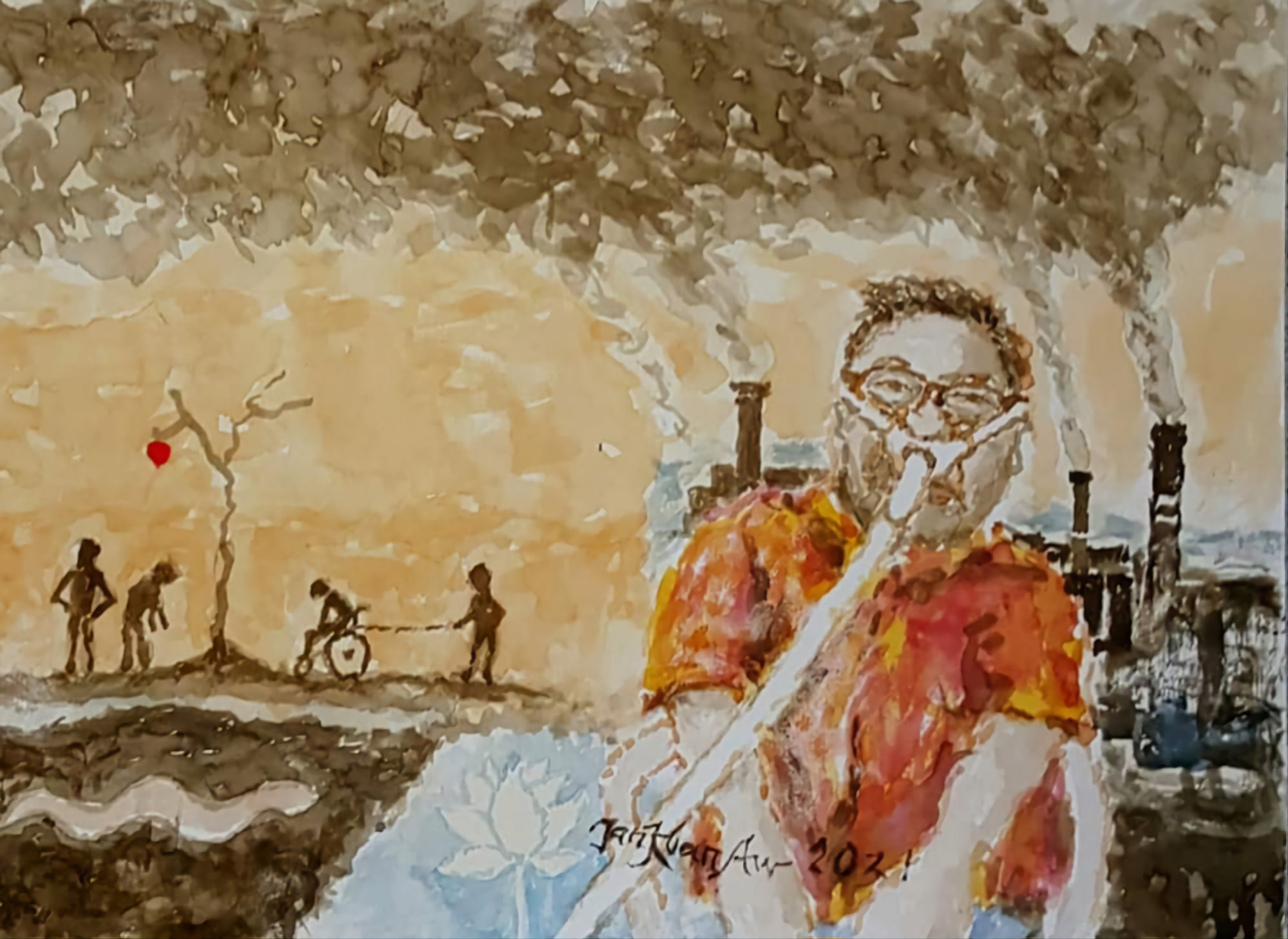 Thumbnail illustration of an apocalyptic scene. A man with a ventilation tube sits in front of a factory, chimneys spewing pollution.