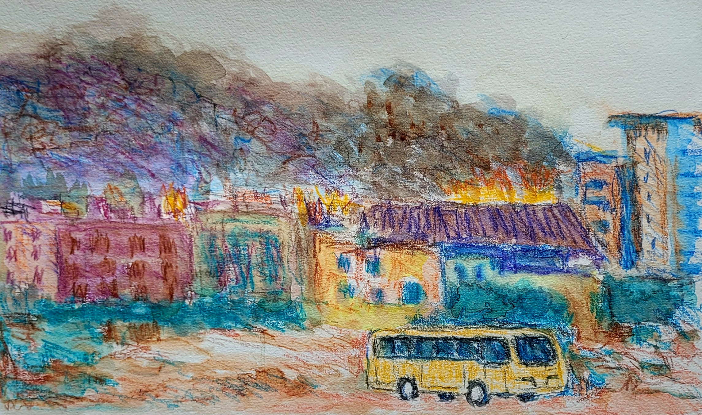 An illustration of city buildings with smoke towering above. The buildings are in yellows, purples and blues, and fire is visible in the background. In the foreground a small bus heads into the desert.