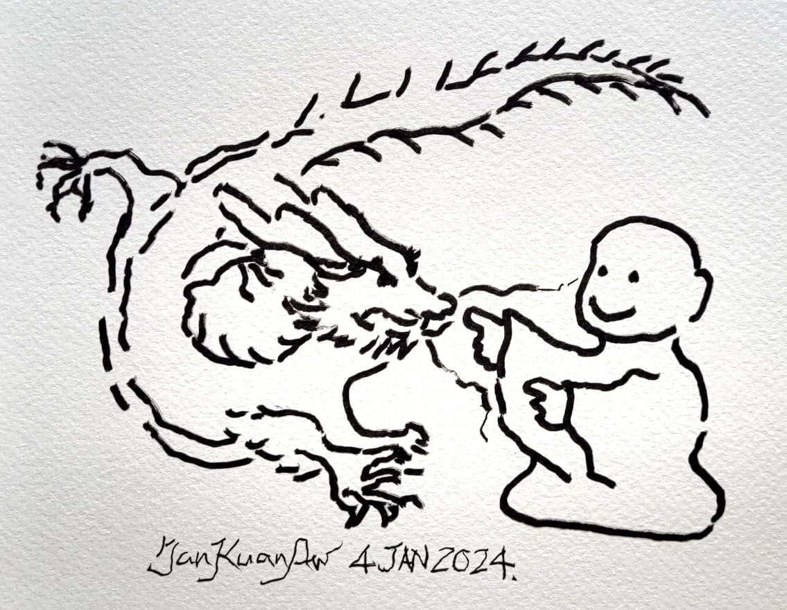 Line illustration of a monk facing off with a dragon. The dragon curves as if in motion and brought to stop by the monk calmly holding out his fingers. Signed Tan Kuan Aw, 4 Jan 2024.