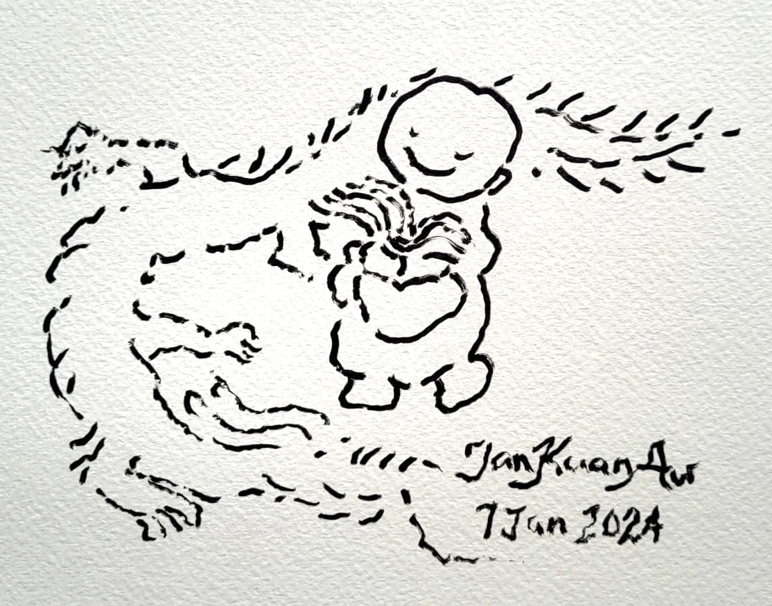 Line illustration of a dragon calmly lying down as a smiling monk reads a book. Signed Tan Kuan Aw, 7 Jan 2024.