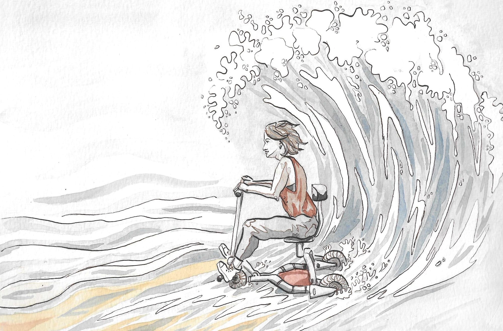 Ink and watercolour illustration of Celestine, a white woman with short, wind-swept hair, riding her three-wheeled mobility scooter through an ocean wave.