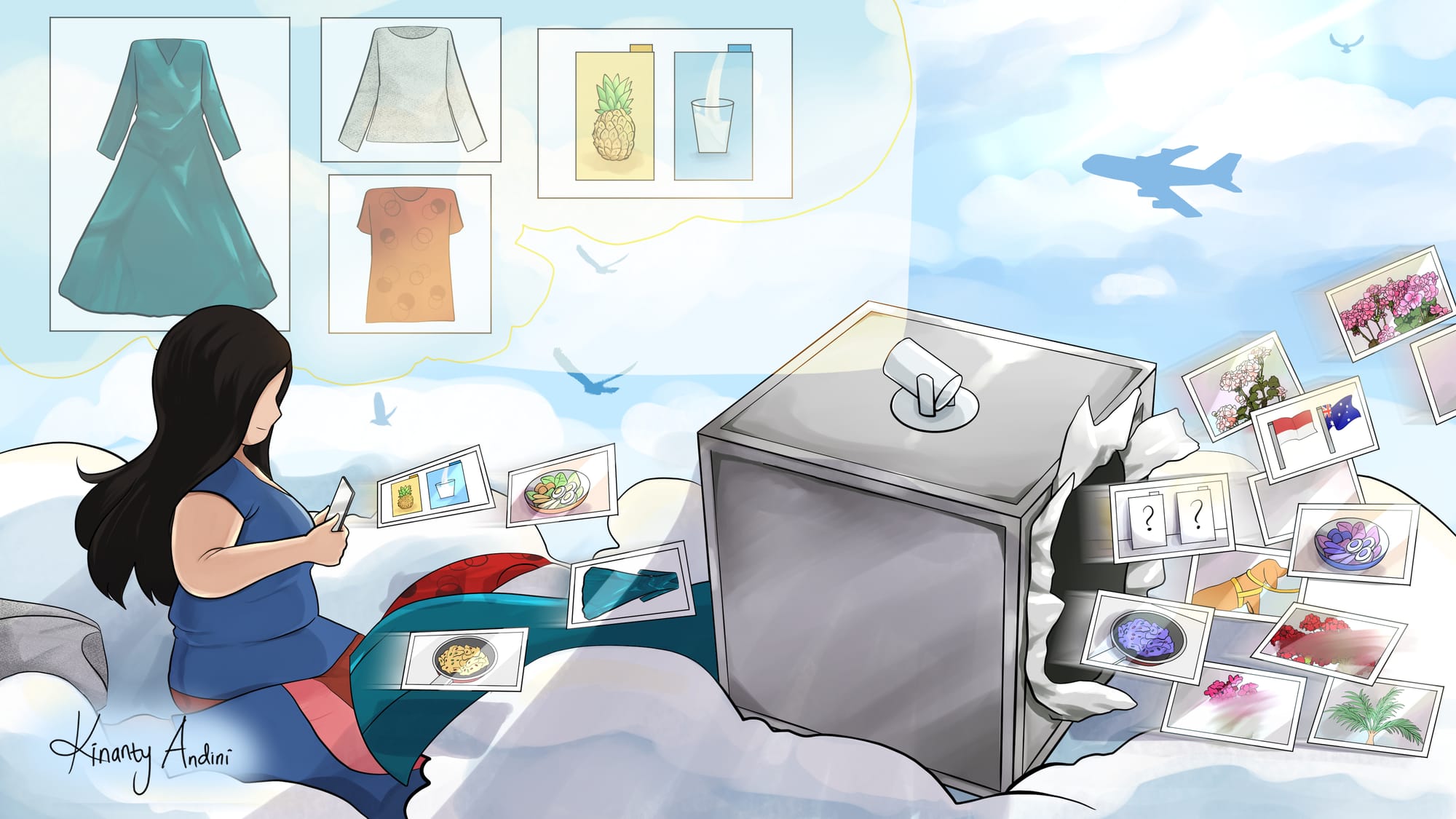 An abstract illustration of a scene on the clouds. A woman sends photos from her phone into a dark grey box, which explodes and scatters photos on the other side. The box projects clear images of clothes and milk and juice cartons onto the sky but some of the scattered photos coming out of its side are distorted. The woman has dark flowing hair, is of medium build, and wearing a dark blue dress.