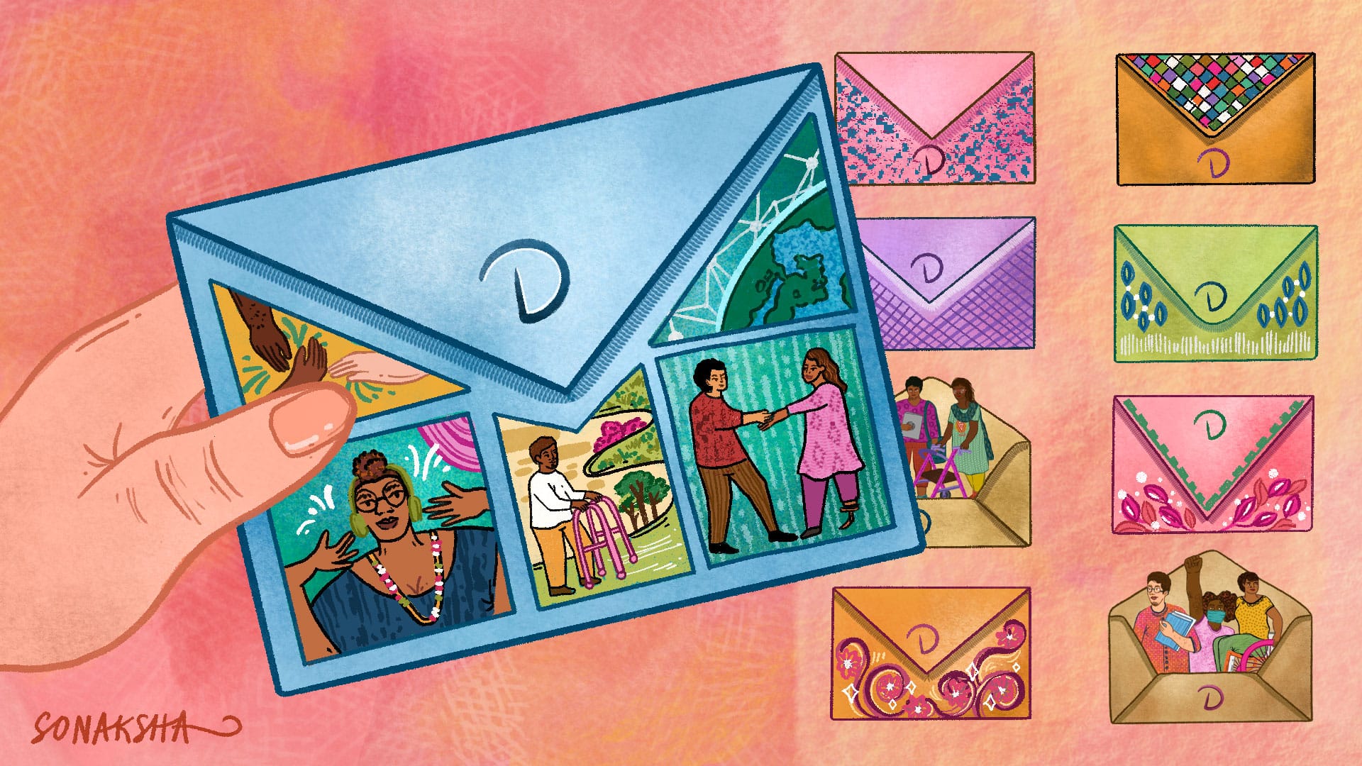 Abstract illustration of a white hand holding a large envelope in an ordered collection of smaller envelopes. The envelopes have colorful scenes on them, with the large one showing hands joining together, an excited person wearing headphones, and someone in a garden working with a rollator. The others have patterns and colors and snippets of illustrations used elsewhere on the newsletter. Signed, Sonaksha.