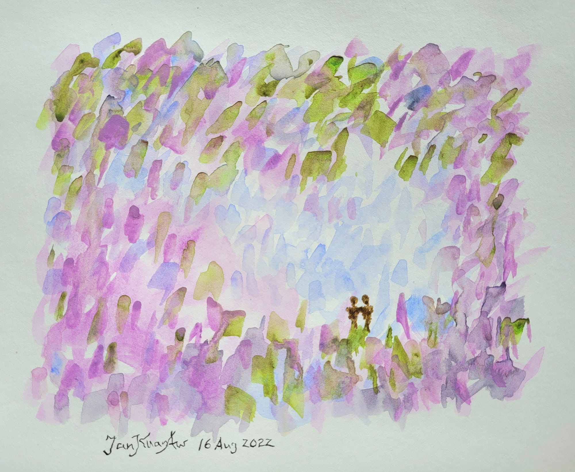 An abstract watercolour illustration. Two small figures outlined in a space of light blue strokes, and surrounding that, darker greens, purples and blues. 