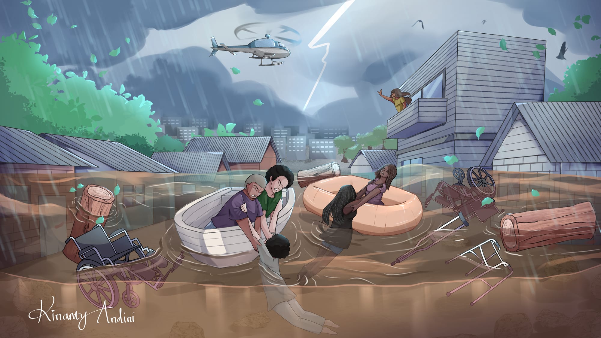 Digital illustration of boat rescue in a flooded urban area, with debris and assistive devices floating in the water. Two small boats have men and women, of diverse races, pulling people out of the water. From a building a woman gestures from the balcony, and in the background there is a helicopter, dark sky, rain and lightning.