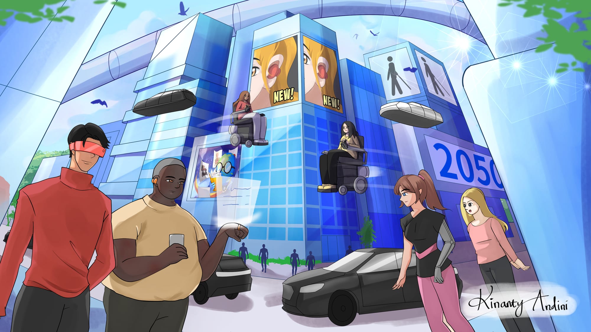 A digital illustration depicting a futuristic city, with cars and wheelchairs flying in front of tall buildings. A young man wears a wrap-around band for glasses, and another has a ring that projects a light-based screen. On the other side of the street are two women, one with a robotic arm. Billboards display advertisements for hearing aids and disability-related campaigns.