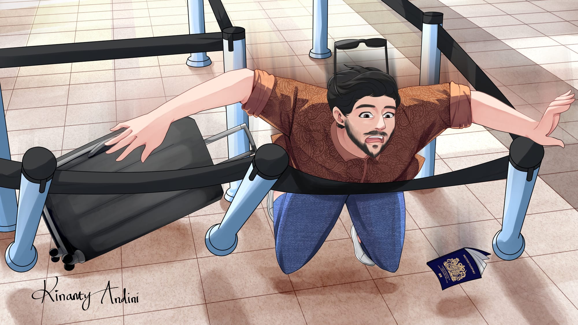 Digital illustration of Mario falling forward into a queue barrier. Mario is a white man with dark hair and beard, his arms are stretched out and his suitcase, sunglasses and passport are flying.