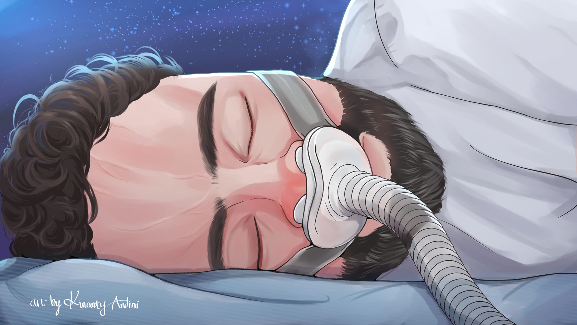 A close-up illustration of Peter, a 40 year old white man, wearing a breathing mask. Peter lies on his side with his eyes closed. He has dark curly hair, a dark beard with grey specks, and some worry lines on his forehead. The mask covers his nose, is held in place by a band, and is connected to a long flexible tube.  Behind him is a dark blue starry night sky.
