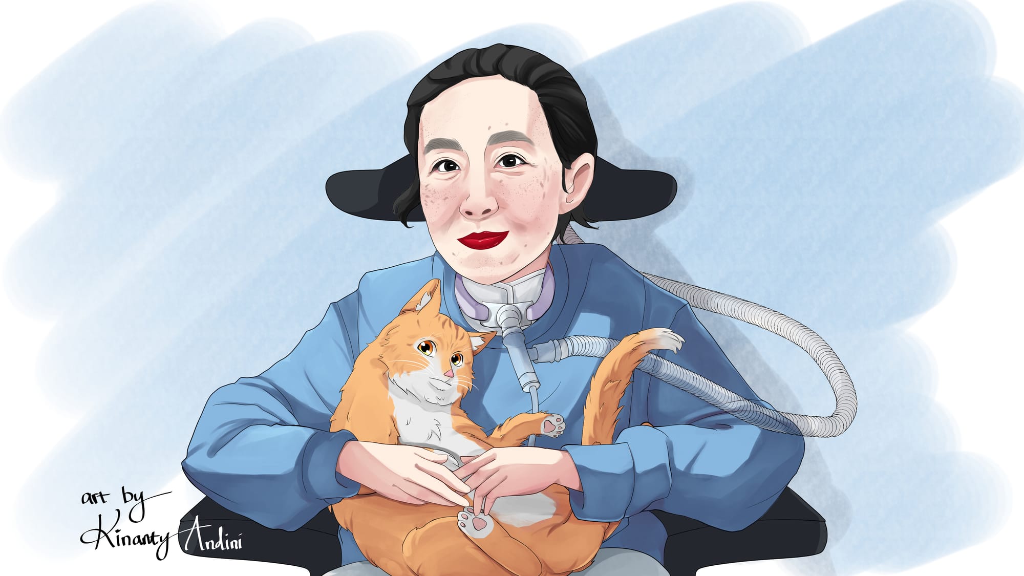 A digital illustration of Alice Wong, an Asian American woman in her early fifties, with a ginger cat curled up in her lap. Alice is looking directly at us and smiling with her mouth closed and a serene, thoughtful expression. Her hair is tied up, and she wears her signature dark red lipstick and a blue sweater. She sits in a wheelchair with a head rest, and is connected to a long ventilator tube through a tracheostomy. The background is coloured with a light blue wash of watercolour.