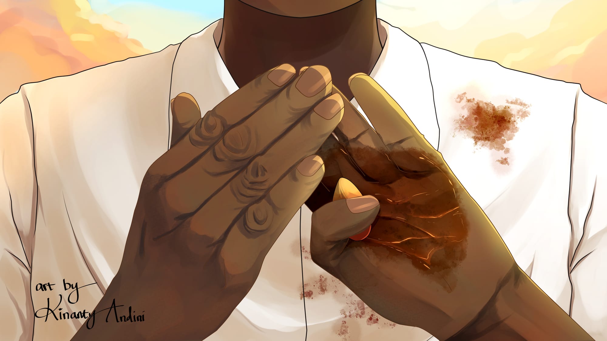 Digital illustration close-up on person making a sign with their hands, one of which holds a nut and is stained in oil. The person, who is black, touches their fingers together, one palm on top of another, forming a triangular shape. Their shirt is also stained. 
