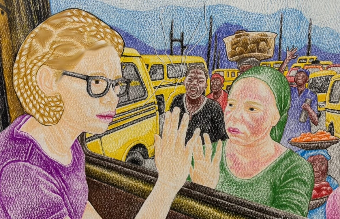 A color pencil illustration of two women with albinism, one inside a bus and the other outside, each holding their palm to the bus window. It is set in a Nigerian street scene with hawkers and yellow taxis everywhere. Inside the bus the young lady wears a purple t-shirt with black glasses. Outside the bus's cracked window is another young lady with albinism looking severely sun-burnt. In the background a male hawker leans forward towards them in a confrontational manner.
