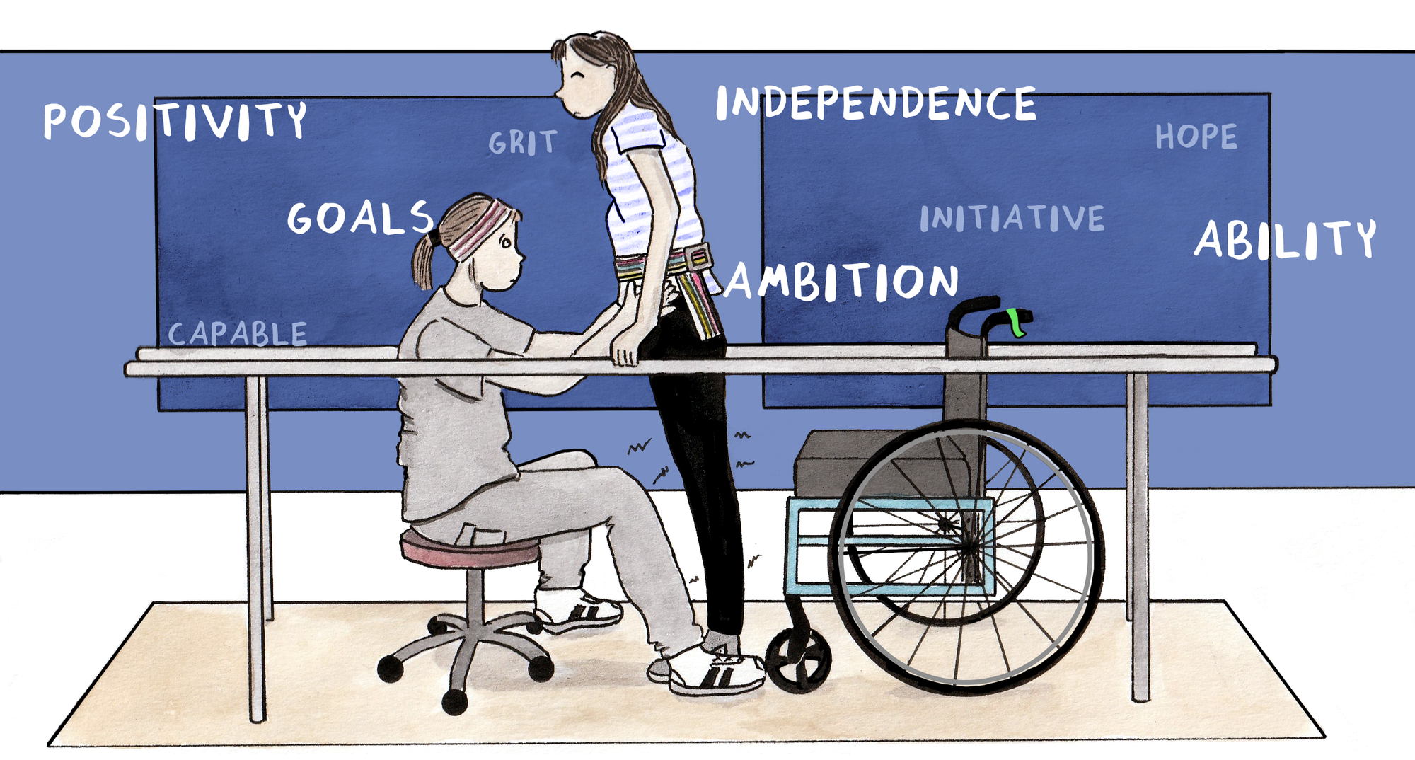 Illustration of a young white woman (Rachel), standing precariously between a set of parallel bars, supported by a therapist with hands on her waist. In the background bold white words reading “positivity, goals, capable, grit, independence, ambition, initiative, ability, hope” are imposed on blue walls. Rachel wears a blue striped shirt, a colored belt around her waist, and black leggings. The therapist sits across from her on a red stool.