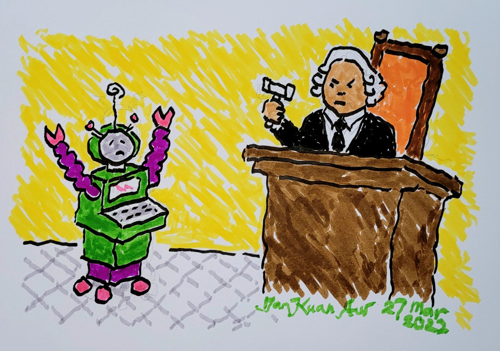 Artistic representation, a watercolour showing a judge sentencing a robot with its hands up in surrender. The robot is made of green boxes, in the style of a desktop interface, with purple clawed arms, hands, antenna and wheeled base. The judge, on a big chair and behind a lectern, holds his mallet and scowls. The judge has brown skin, white wig and is wearing a black suit. Signed Tan Kuan Aw, 27 Mar 2022.