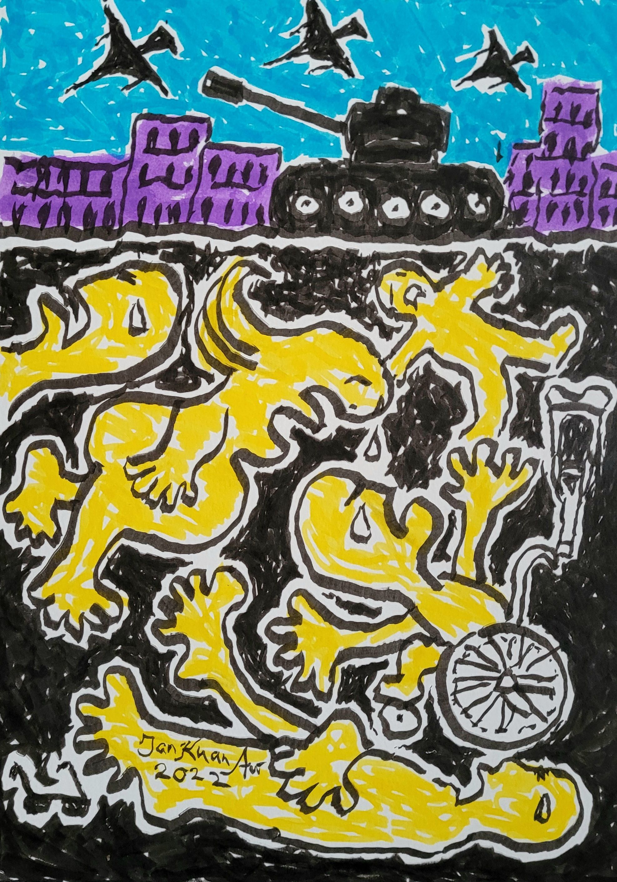 Vertical watercolour image. Top quarter sees black tanks and planes move through a purple cityscape and blue sky. Bottom three-quarters are underground, splayed yellow figures, one a pregnant woman crying, a child, a wheelchair user, a crutch, dark glasses..