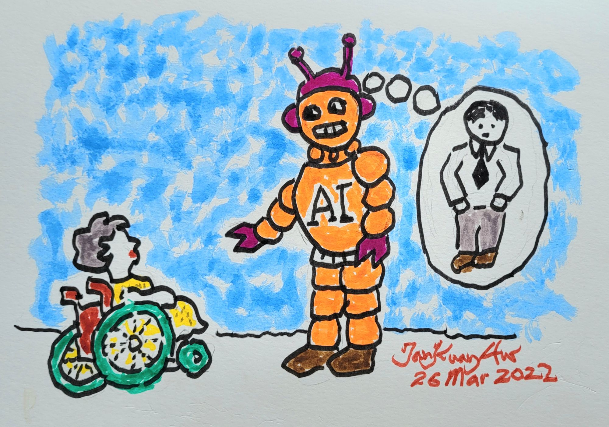An artistic representation, in watercolour, of a robot gesturing negatively towards a woman in disability. The robot has a thought bubble of an expressionless and black-and-white man with a tie and trousers. The robot, in orange, has AI on its chest, is made of segmented pieces and has purple hands and helmet. The woman is white, has grey hair, lipstick, a red and green chair and yellow dress. The background is blue, and it is signed in red, Tan Kuan Aw, 26 Mar 2022.