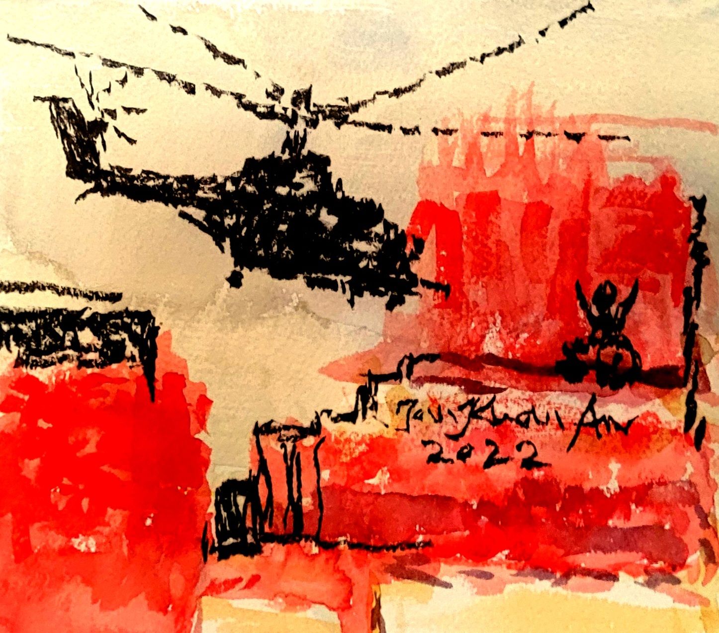 Watercolour image shows a black outline of an attack helicopter facing a small outline of a wheelchair user with their hands up. The wheelchair user is on an elevated building, with the backgrounds to the buildings drenched in red. Watercolour image shows a black outline of an attack helicopter facing a small outline of a wheelchair user with their hands up. The wheelchair user is on an elevated building, with the backgrounds to the buildings drenched in red.