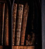 An image of old books on a wooden bookshelf.
