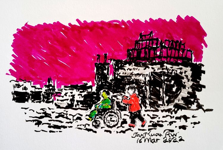 An illustration of purple sky, black-and-white destruction. A child, in green, sits in a wheelchair while another pushes.
