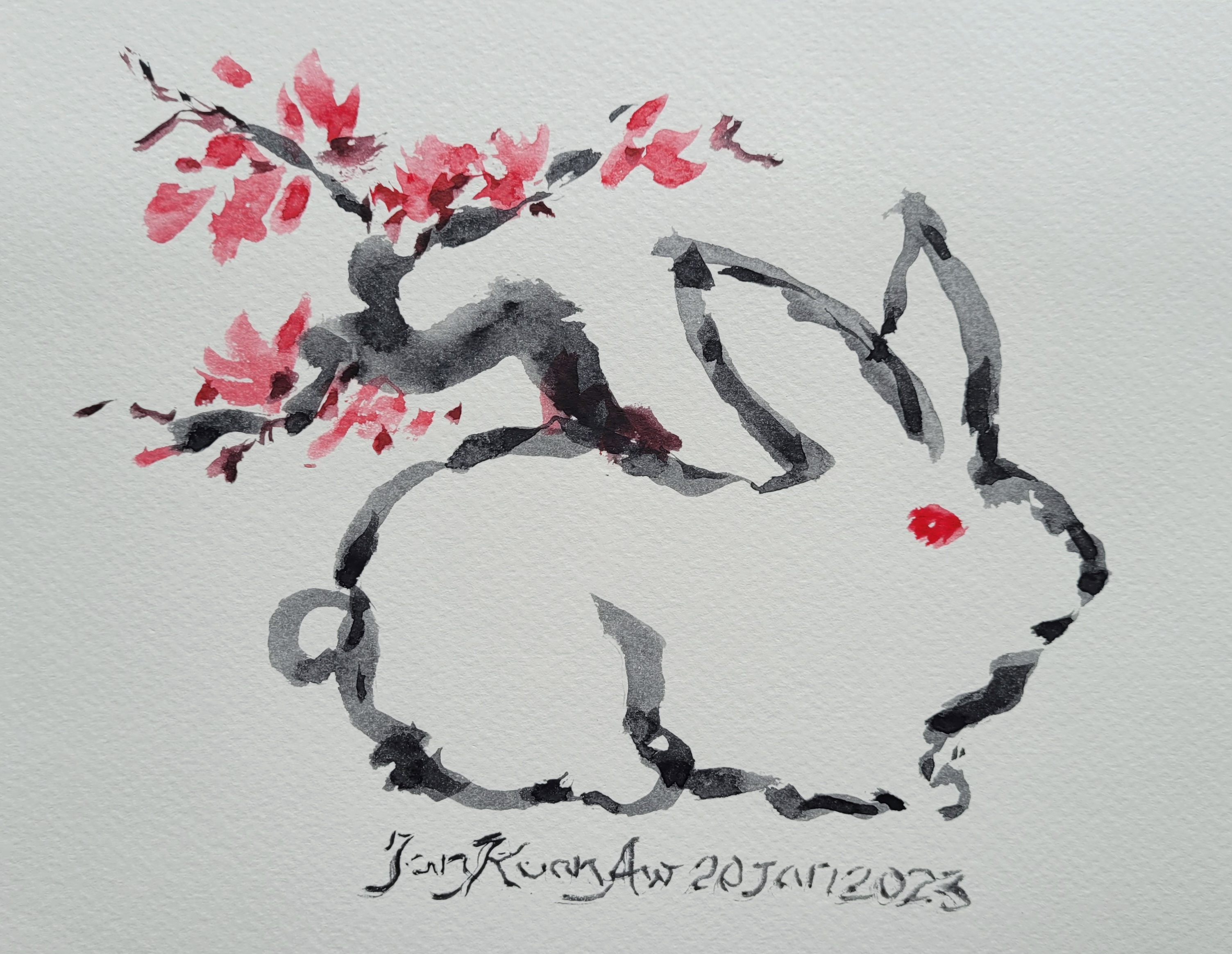 Dark lines illustrate the outline of a rabbit and a tree growing on its back. The rabbit's eye and tree blossoms pink-red.