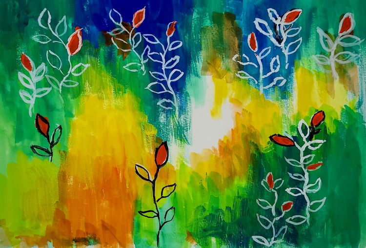Painting of blurred colours, from dark blue down into green, yellow, orange and green again. Overlaid with outlines of petals