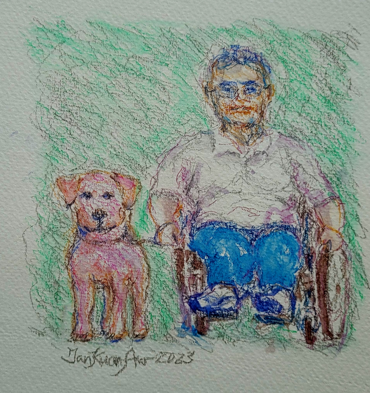 An illustration of a man in a wheelchair alongside a dog. The man is broad shouldered and wears glasses. Both look gentle.