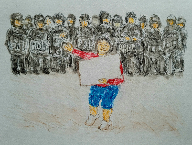 Illustration of a woman in front of a line of riot police. She gestures with one arm and and the other holds a blank sign.