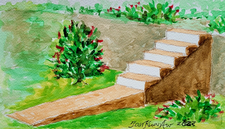 An illustration of a ramp that becomes a series of steps. Surrounded by pleasant greenery. Signed Tan Kuan Aw 2023.