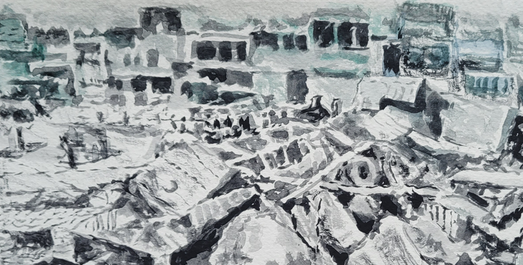A monochrome grey illustration of Rana Plaza ruins: building rubble against a background of buildings.