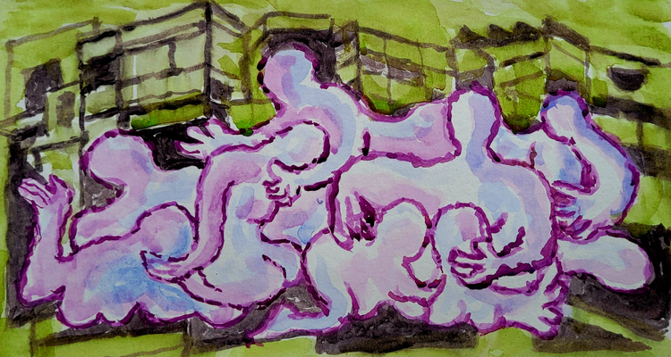 Painting of amorphous purple bodies intertwined, holding each other. Background of urban buildings, dark green.
