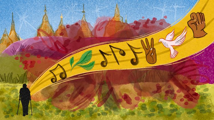 Illustration of a crutch-user's silhouette in Myanmar's landscape. A yellow ray of musical notes comes over splashes of red.