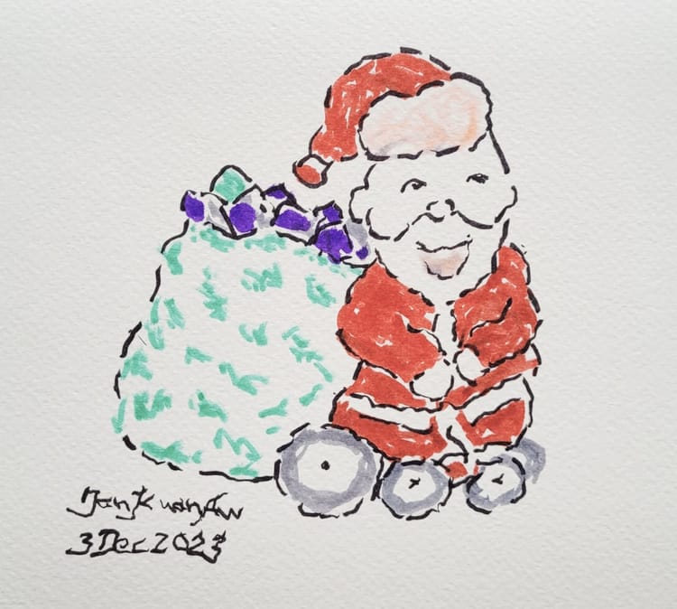 A simple watercolour illustration of Santa on wheels, and carrying a big bag of gifts. 