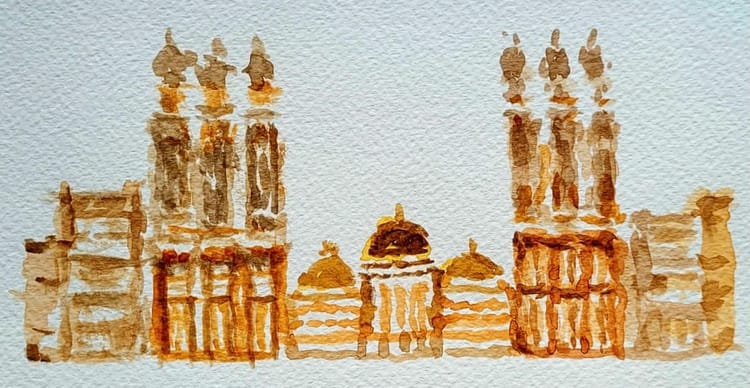 Watercolour silhouette of Sana'a, with domes flanked by minarets and buildings, coloured in earthy yellow-brown.