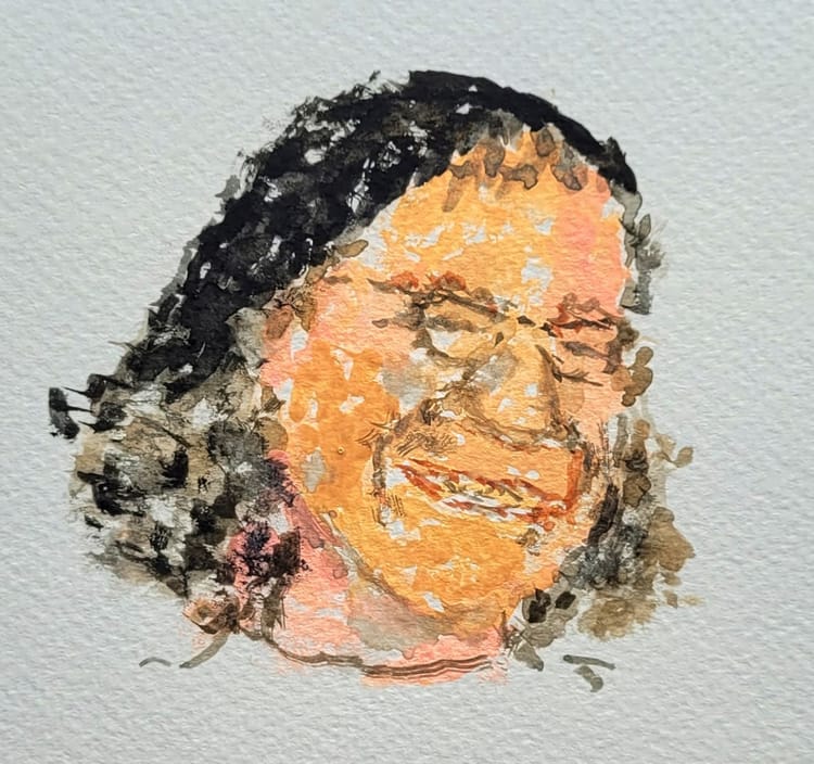 A watercolour portrait of Julia, a white woman with black hair, glasses, and a broad smile that reaches her eyes.