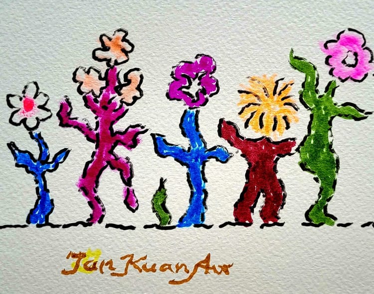 Abstract illustration of colourful blooming flowers. Their stems are wiggly, almost like dancing figures.
