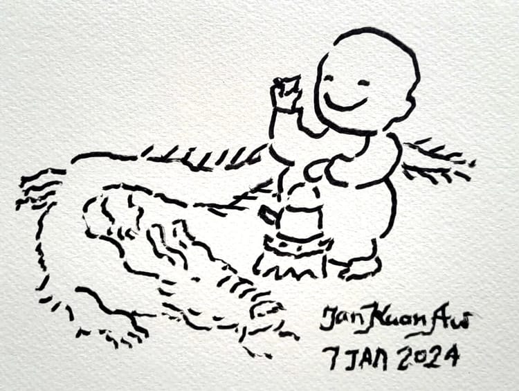 A line illustration of a dragon lying calmly with a smiling monk sipping tea from a tea-pot. Signed Tan Kuan Aw, 7 Jan 2024.