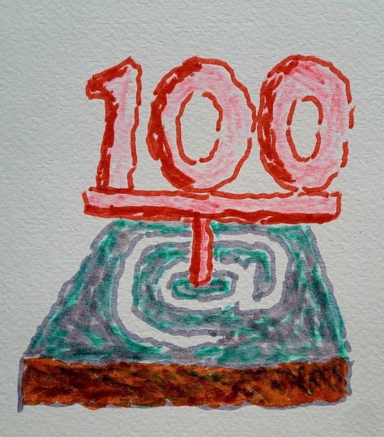 Watercolour illustration of a turquoise-topped cake with an @ sign and a large red 100 placed on top like a candle.