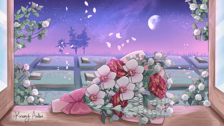 A digital illustration of a bouquet of flowers on a windowsill, with a cemetery and a purple-blue starry night in the background.