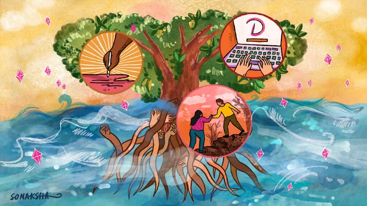 Abstract illustration of a tree like a mangrove, with roots made of hands with raised fists.