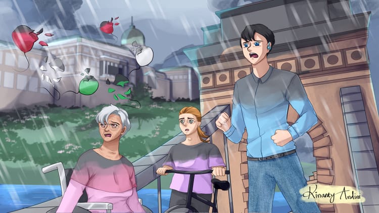 A digital illustration of three figures on the Széchenyi Chain Bridge near Buda Castle, with rain washing away all the colours.