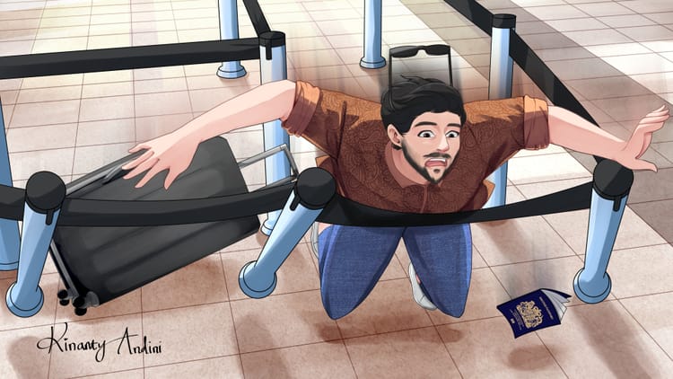 Digital illustration of Mario falling forward into a queue barrier. His arms are stretched out and his suitcase, sunglasses and passport are flying.