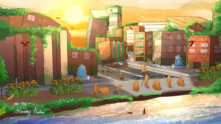 A digital illustration of damaged mid-rise buildings, on the bank of a lake where figures gather. Plants cover the buildings.