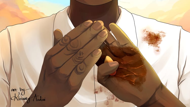 Digital illustration close-up on person making a sign with their hands, one of which holds a nut and is stained in oil.