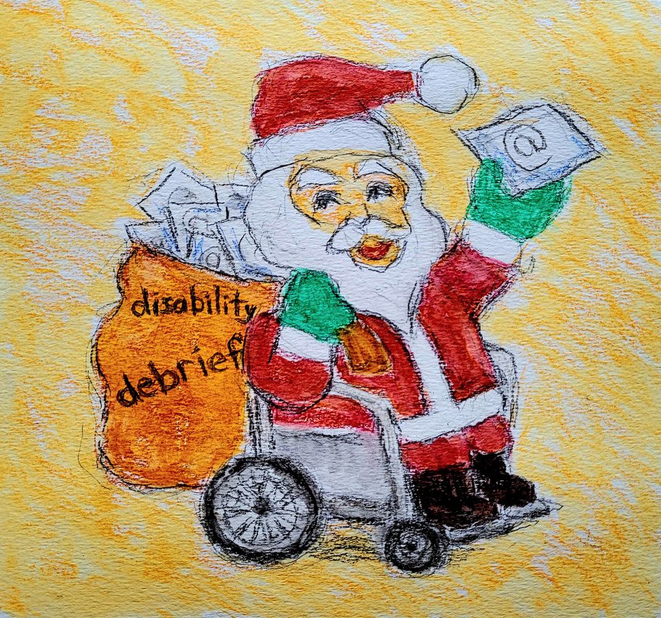 Illustration of Santa, sitting in a wheelchair, holding a sack marked "Disability Debrief", full of emails to deliver.