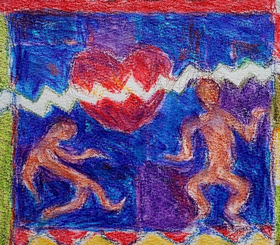 An illustration of two figures contorting under a large red heart. A jagged line cuts across it and the background is blue.