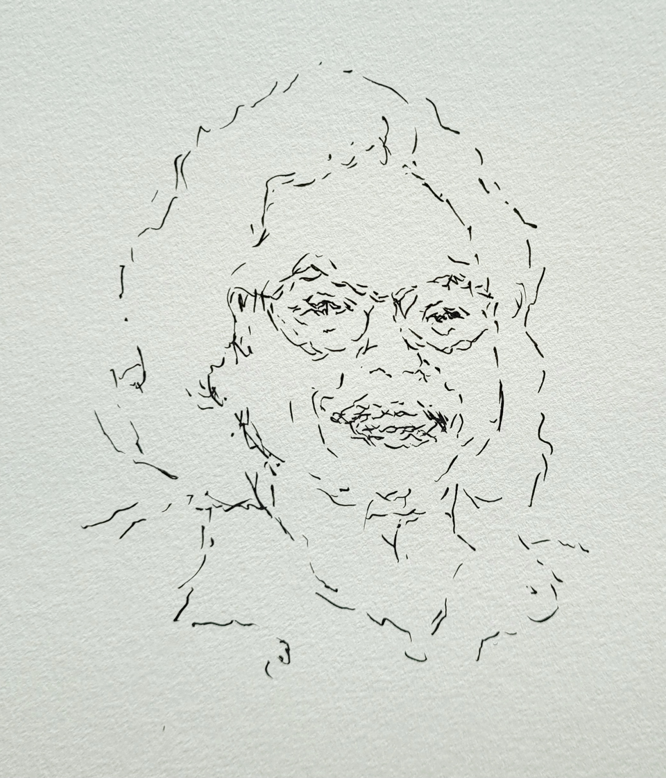 A line drawing portrait of Judy's face in outline. Short, full hair, glasses, dark eyes holding us, and a peaceful smile.