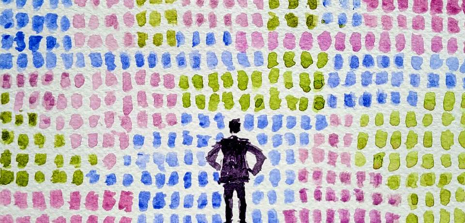 A grid of squares, grouped into different colours. A figure stands in front of them, arms on waist, as if making a decision.