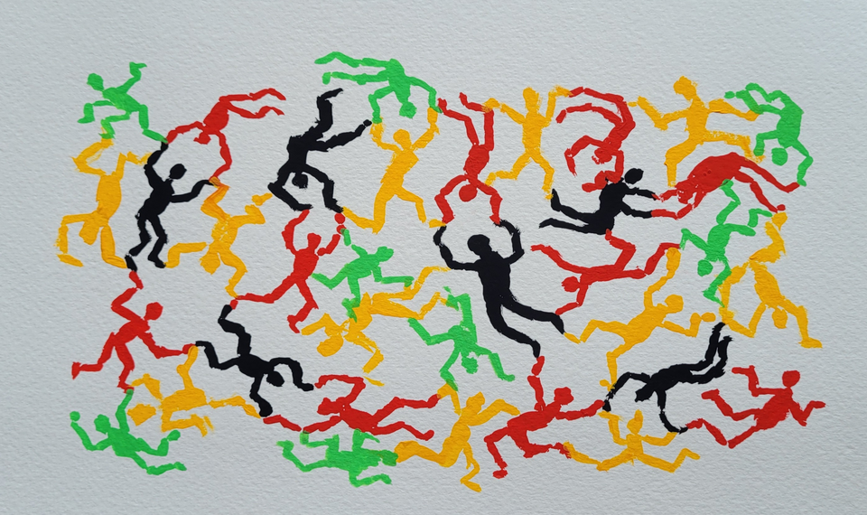 Watercolour of stick figures of different colours, each interlinked with its neighbours. 